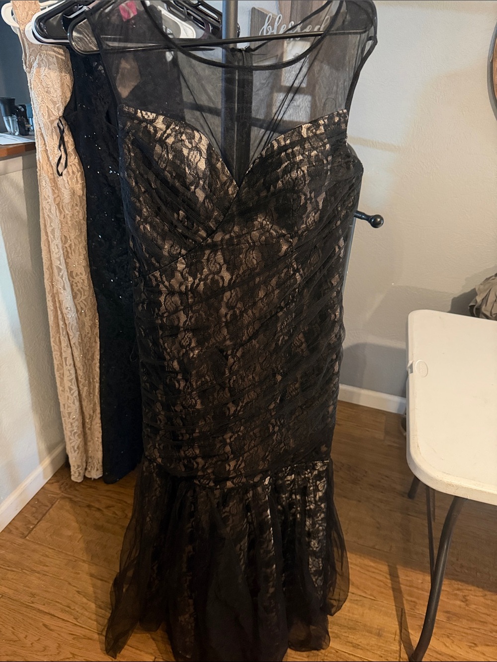 Ever Pretty Black Sheer Lace Mermaid Dress with Illusion Neckline